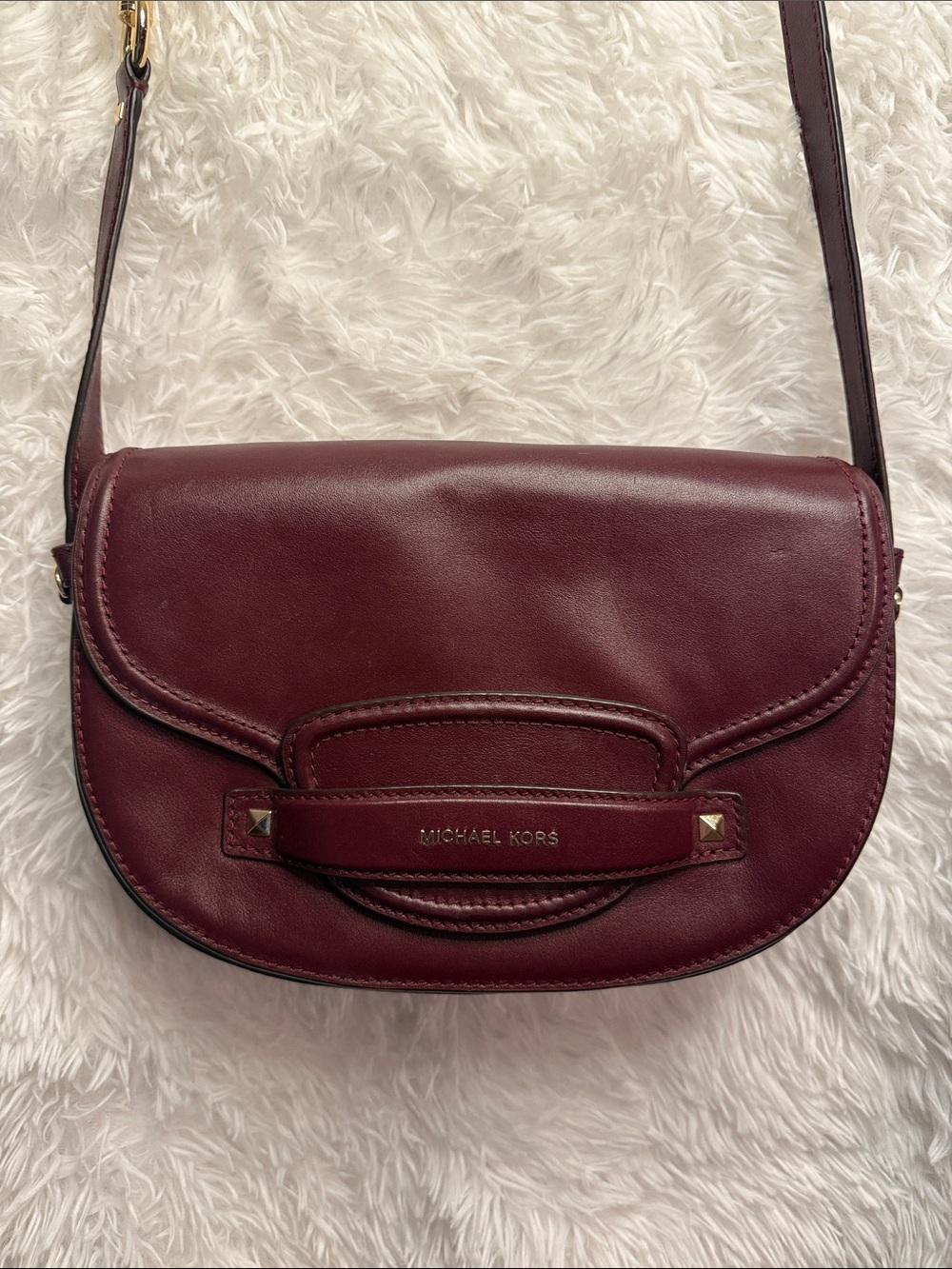 Michael Kors Burgundy Leather Saddle Crossbody with Gold Hardware